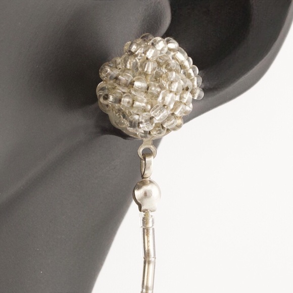Vintage Retro Mod Long Dangle Earrings Silver Tone Sequin Ball - Picture 2 of 5